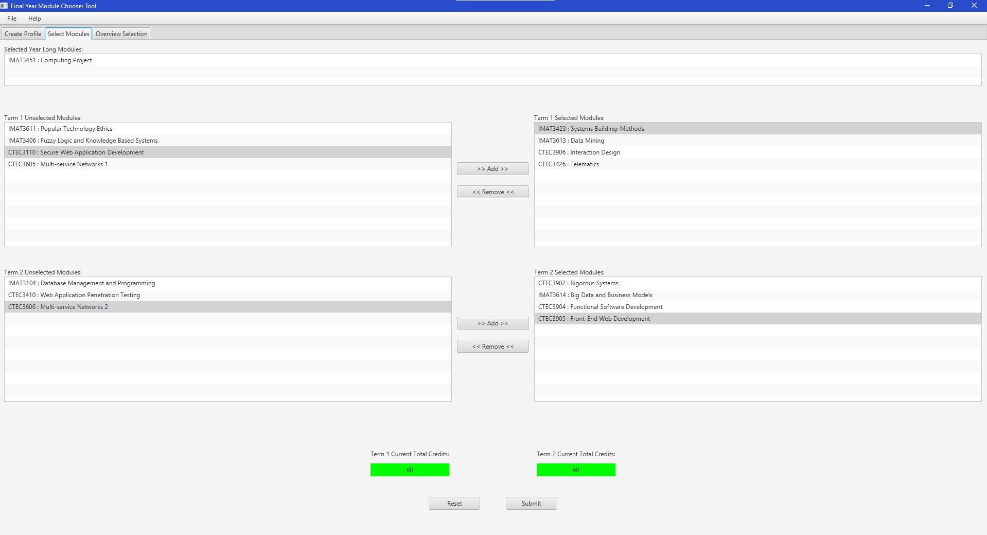 Options Modules Chooser Java code screenshot